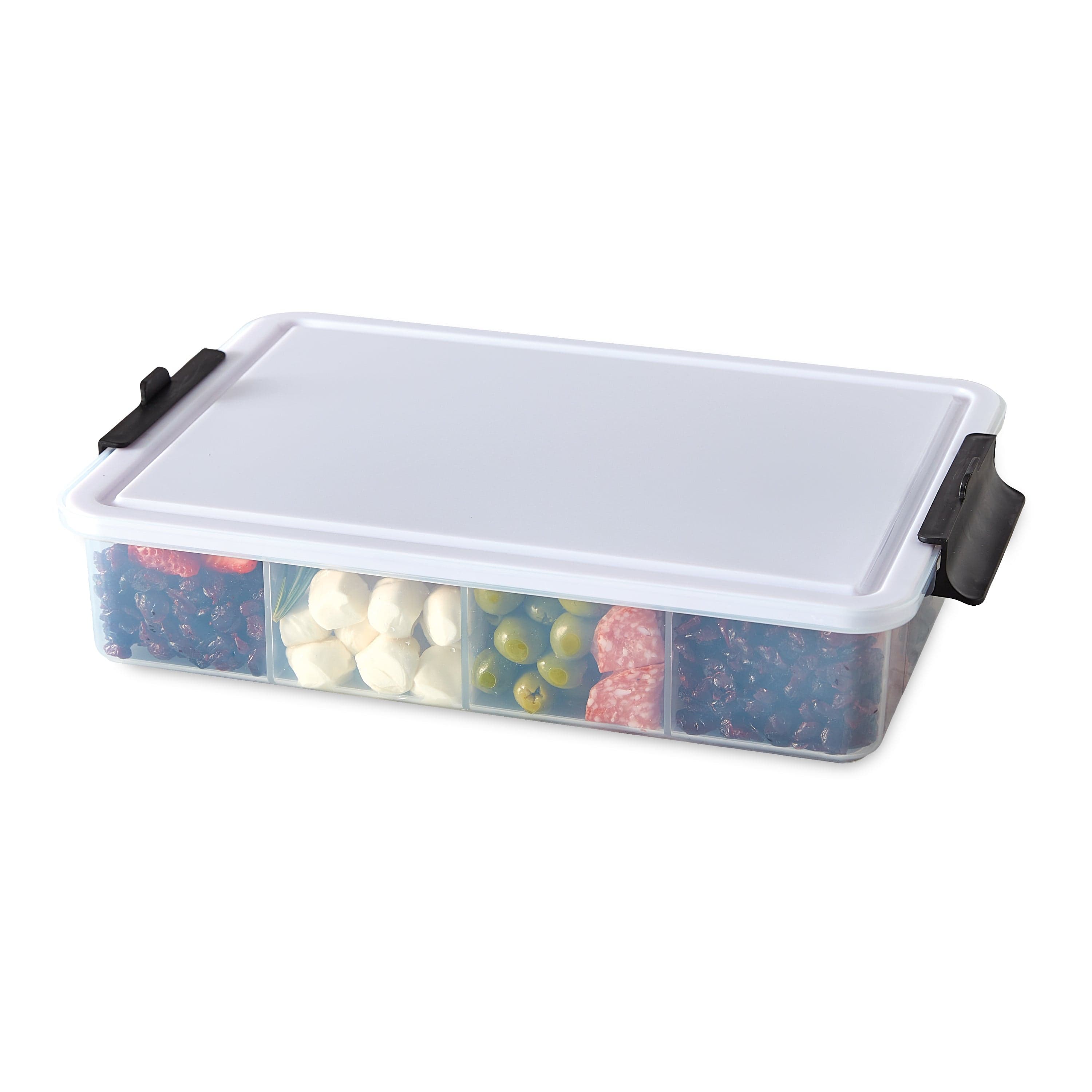 Reversible cutting board lid of Farberware snack box, showcasing its dual functionality.