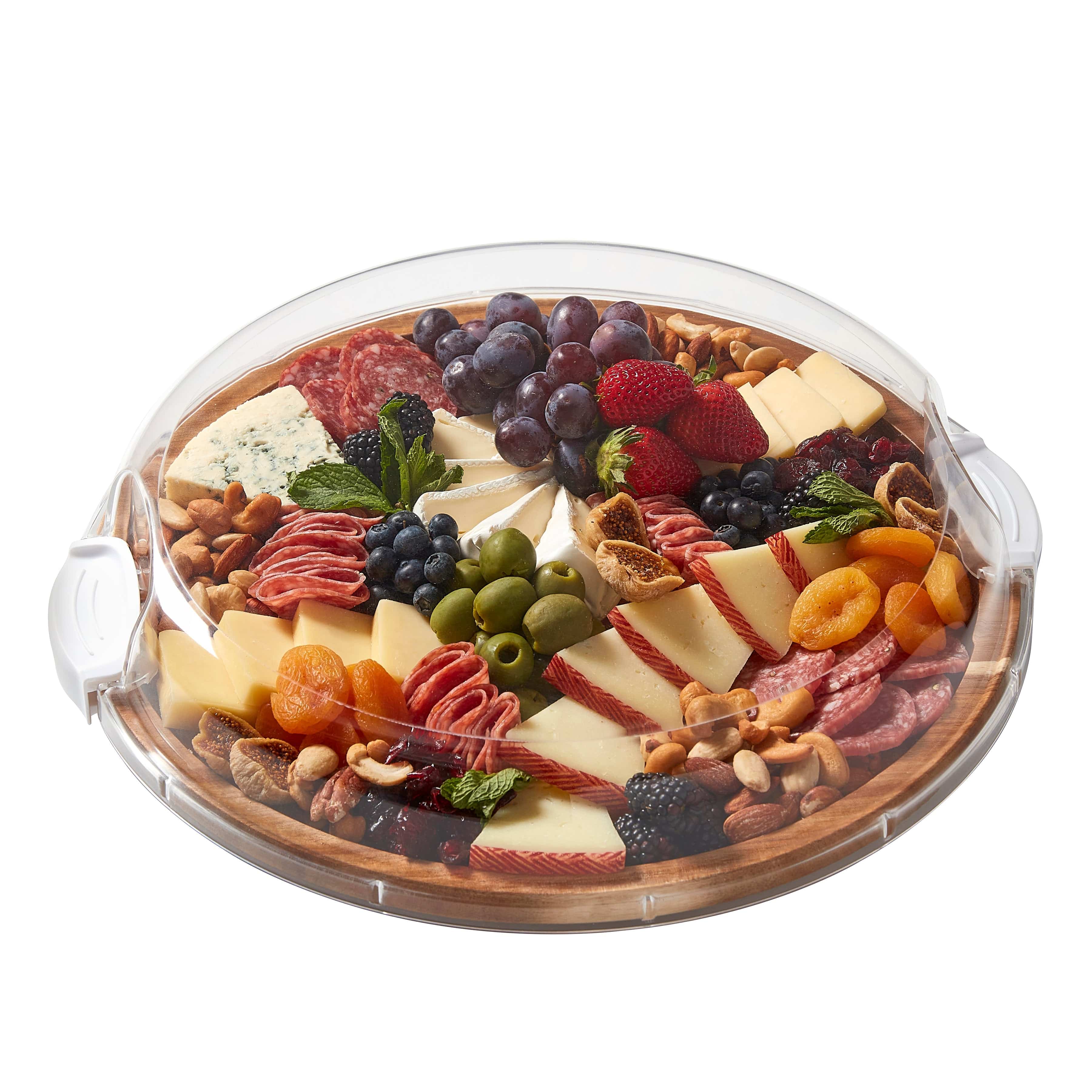 Versatile Culinary Board with clear lid showing arranged cheeses and fruits