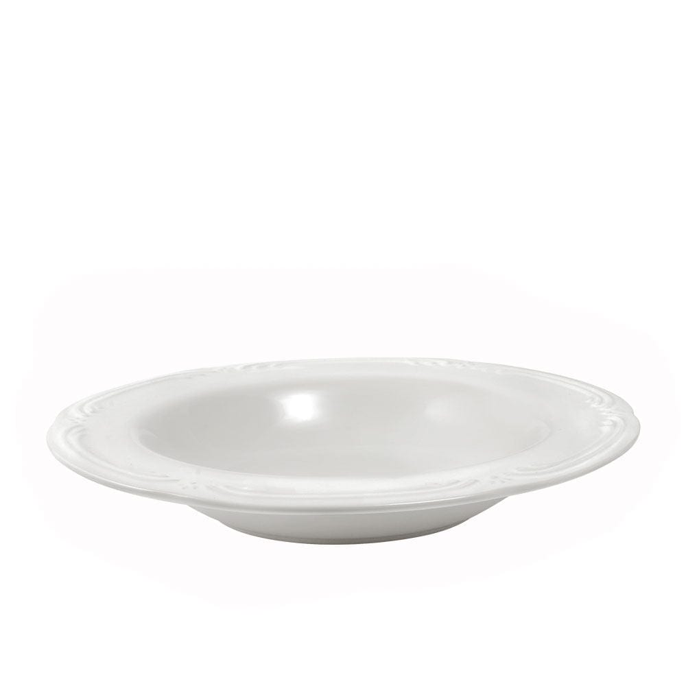 Dishwasher safe rim bowl for soup displayed with bread, emphasizing its practical and stylish use.