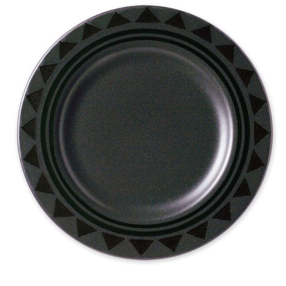 Close-up of Midnight Sun stoneware dinner plates stacked for display