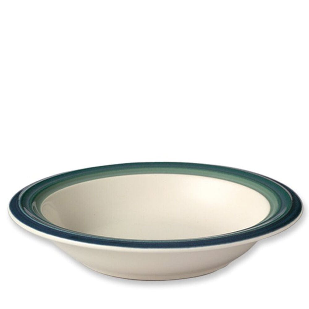 Ocean Breeze stoneware bowl from the side, showcasing the wide rim design and depth perfect for soups.