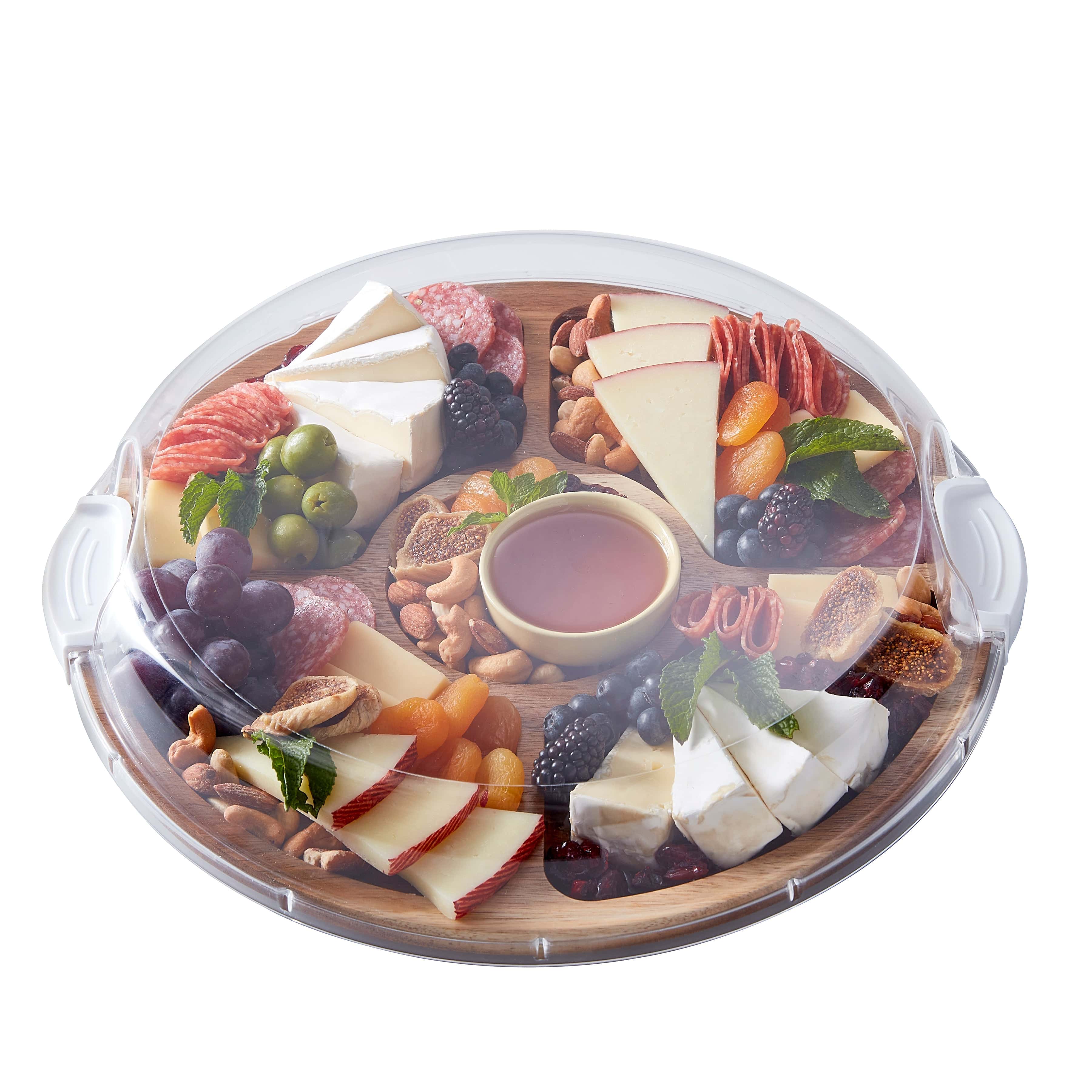 Versatile Culinary Board with clear lid showing arranged cheeses and fruits