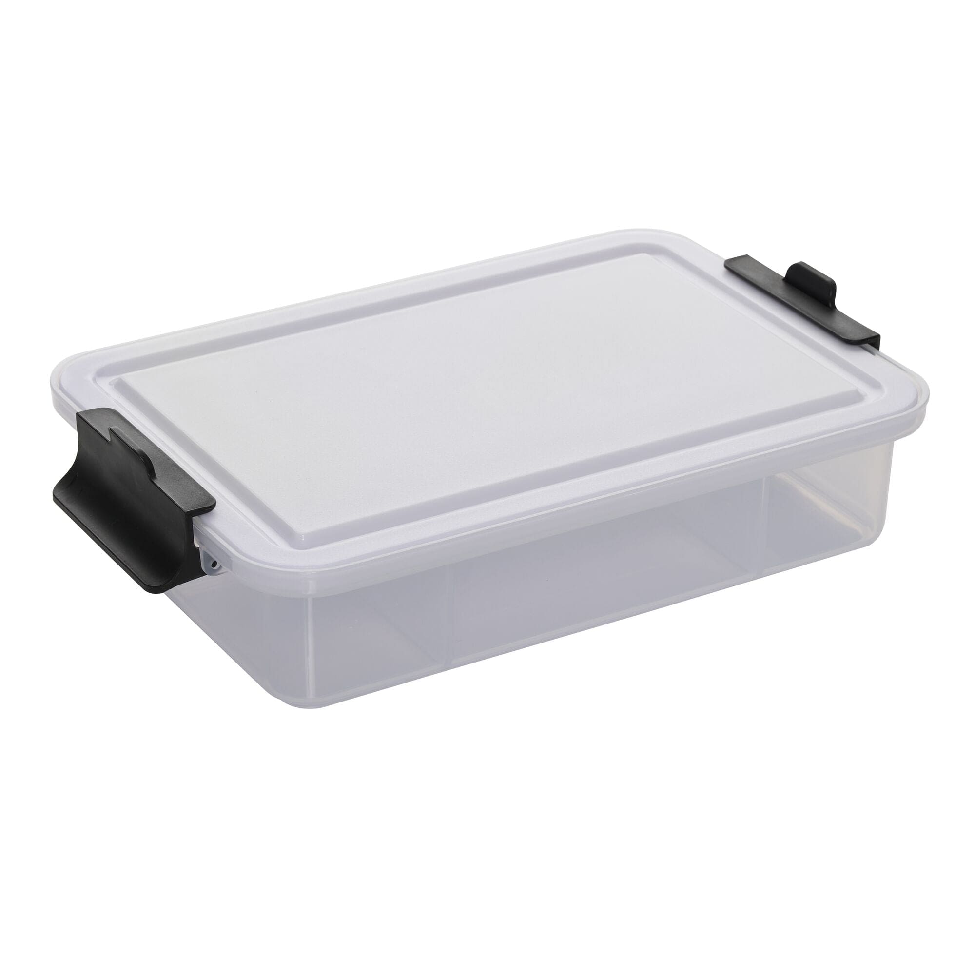 Reversible cutting board lid of Farberware snack box, showcasing its dual functionality.