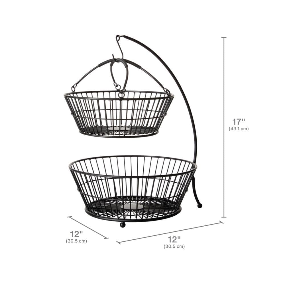 Close-up of Tully 2-Tier Fruit Storage Basket with banana hook in a modern kitchen