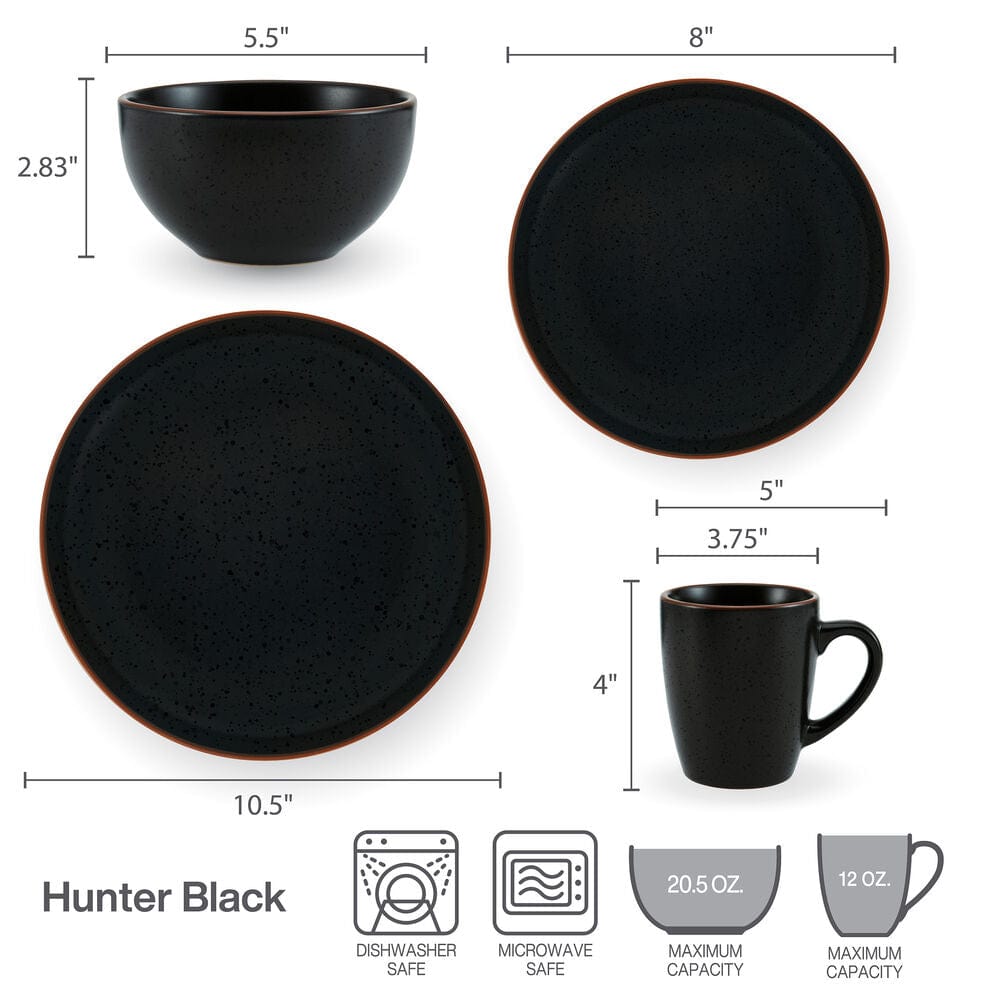 Close-up of the stoneware dinner plate from the Hunter Black set, highlighting the earth-tone band around the rim.