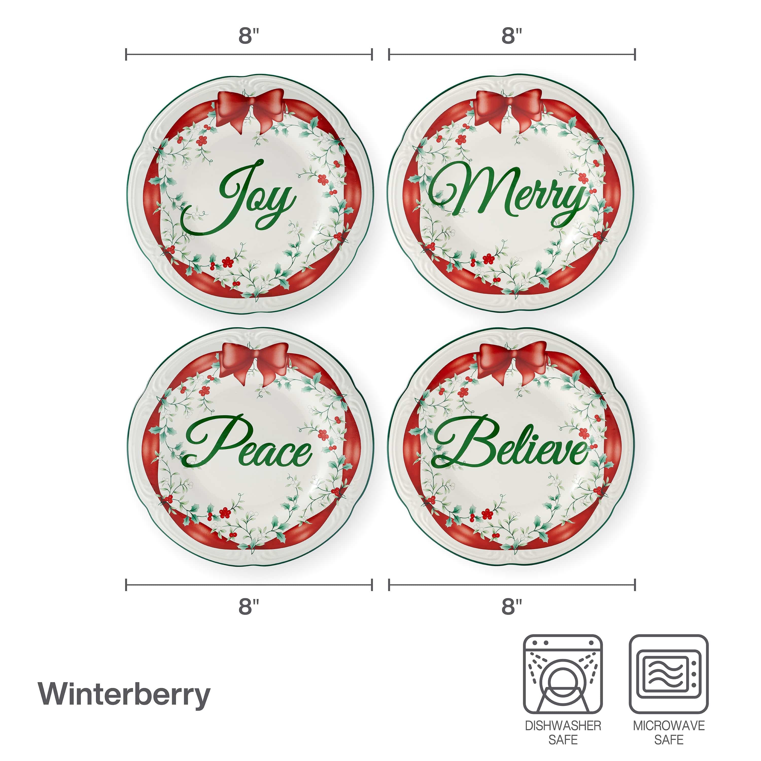 Set of 4 festive red ribbon salad plates with holiday sentiments