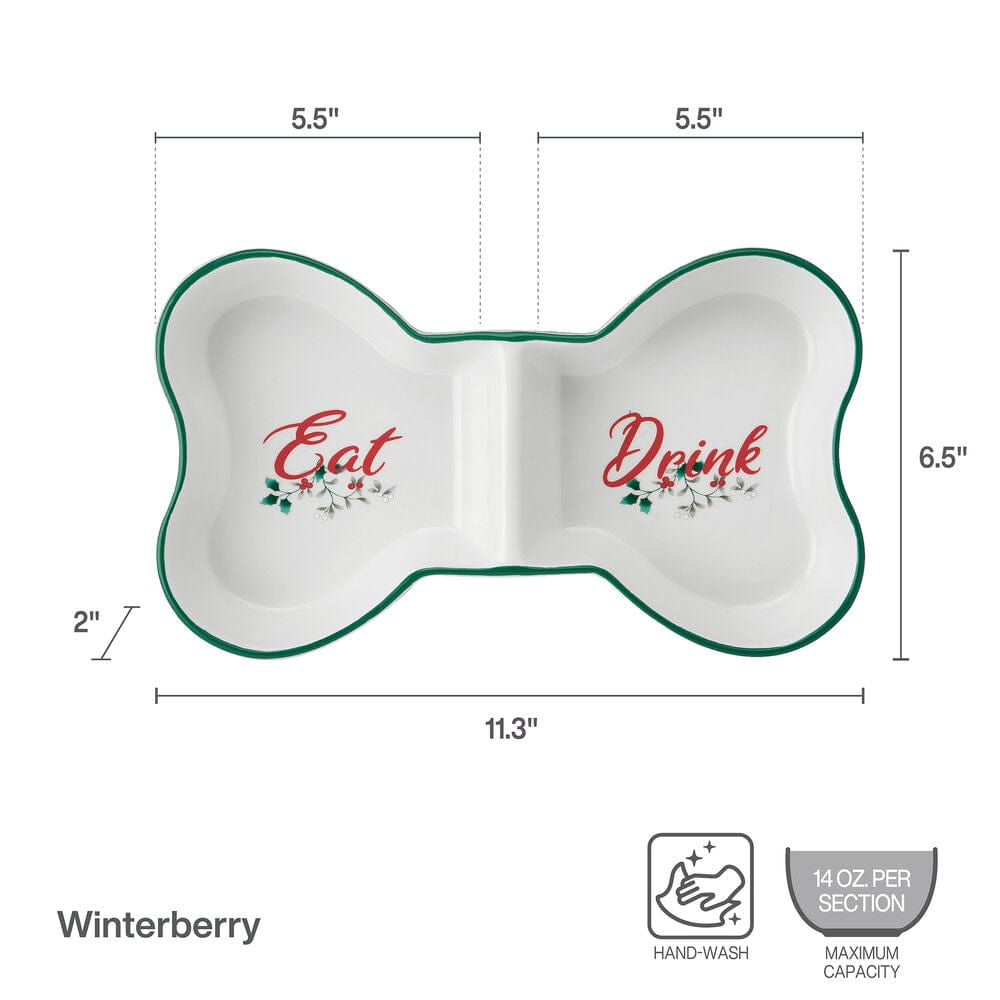Side view of the divided dog bowl, perfect for winter meals and hydration.