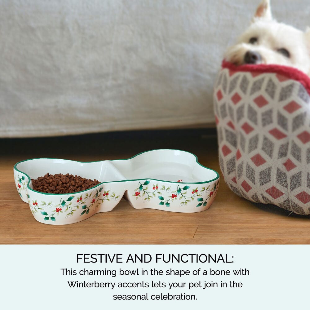 Festive winterberry divided dog bowl showcasing its compartments for food and water.