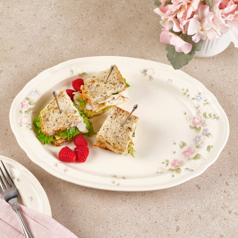Close-up of the stoneware oval platter showcasing its textured finish and size