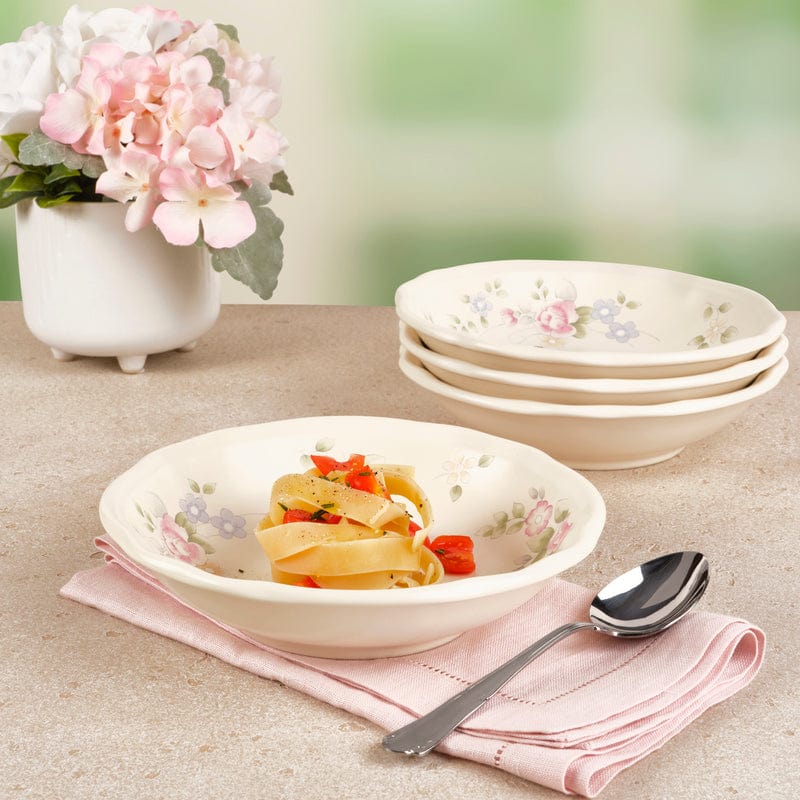 Close-up of Tea Rose pasta bowls set of 4 stacked for display