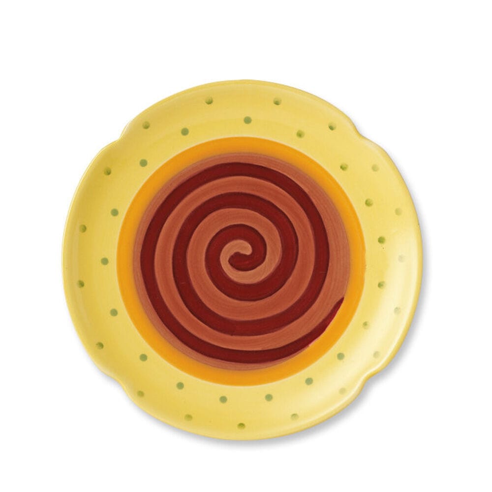 Close-up of colorful dinner plates for summer with swirl design at the center