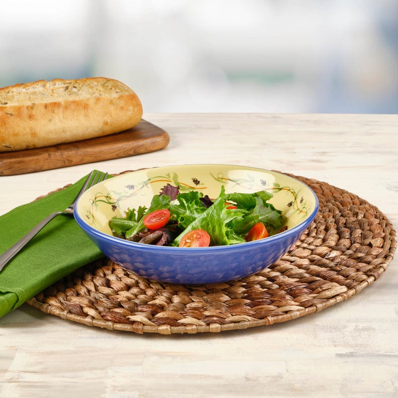 Top view of Pistoulet salad bowl filled with vegetable pasta, showing spacious design