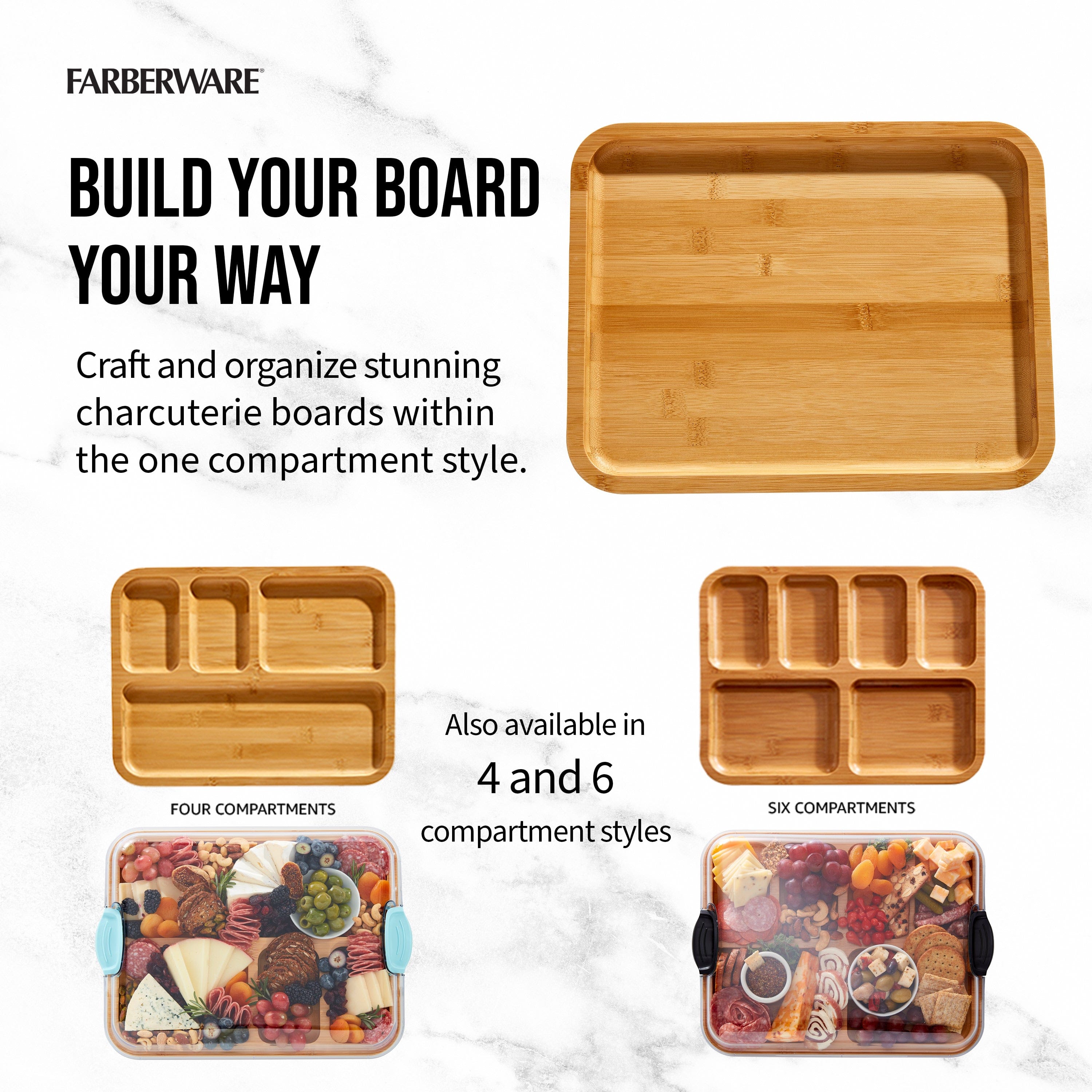 Close-up of compartments filled with cheese, fruits, and nuts on the charcuterie board