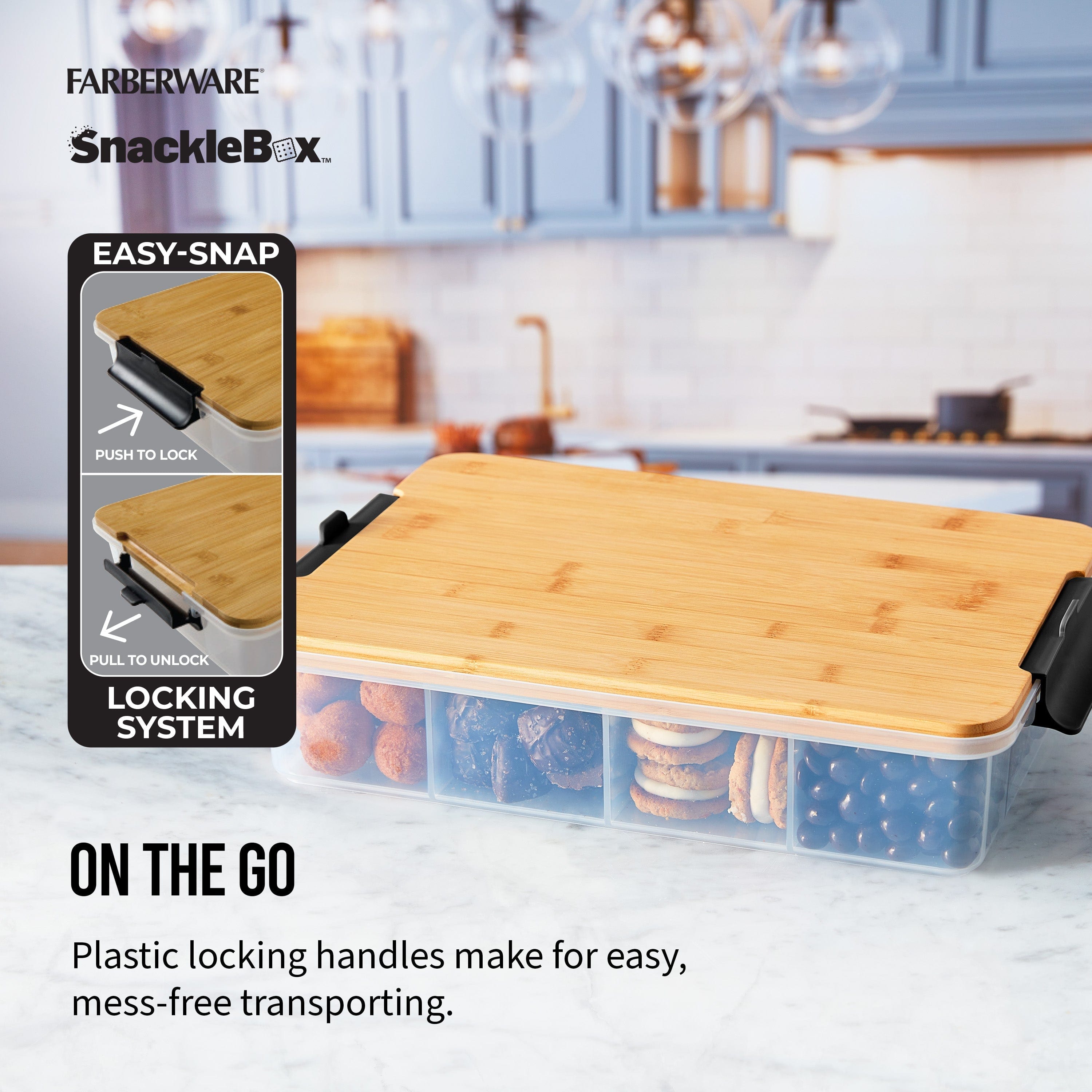 Reversible cutting board lid of Farberware snack box, showcasing its dual functionality.