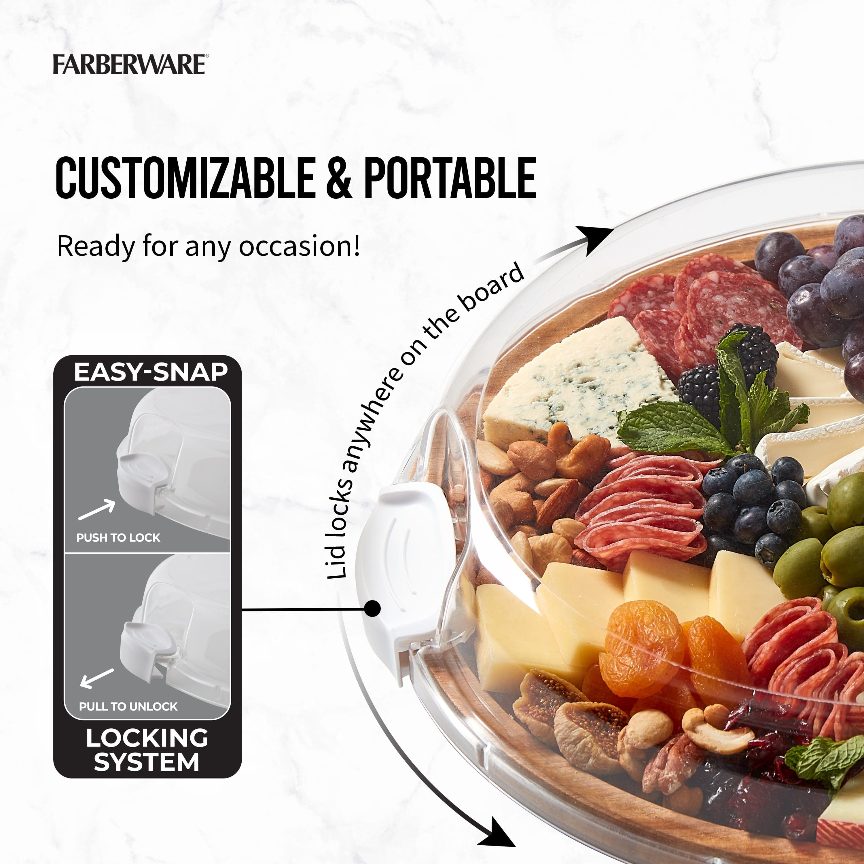 Versatile Culinary Board with clear lid showing arranged cheeses and fruits
