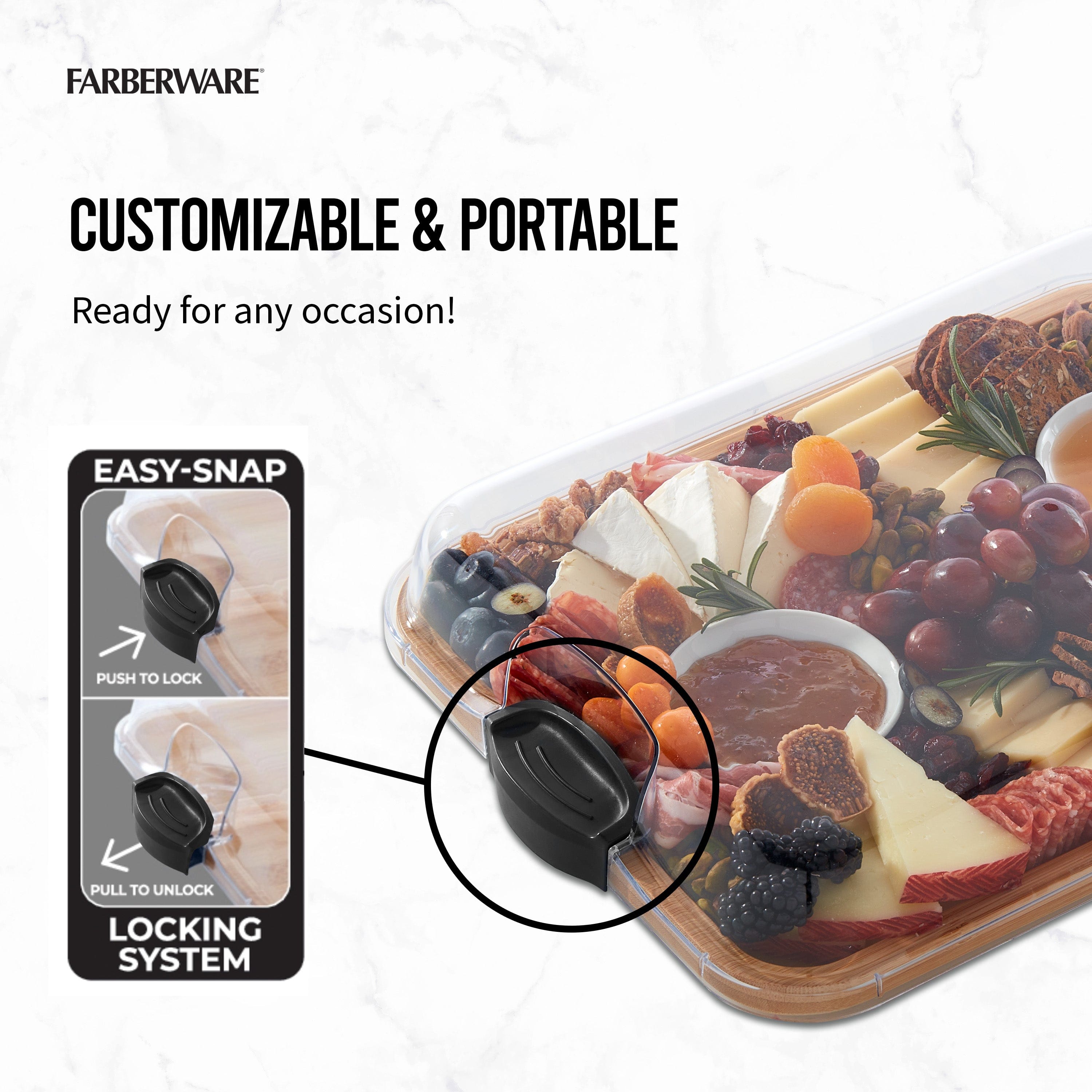 Portable food presentation board with lid during outdoor picnic setting