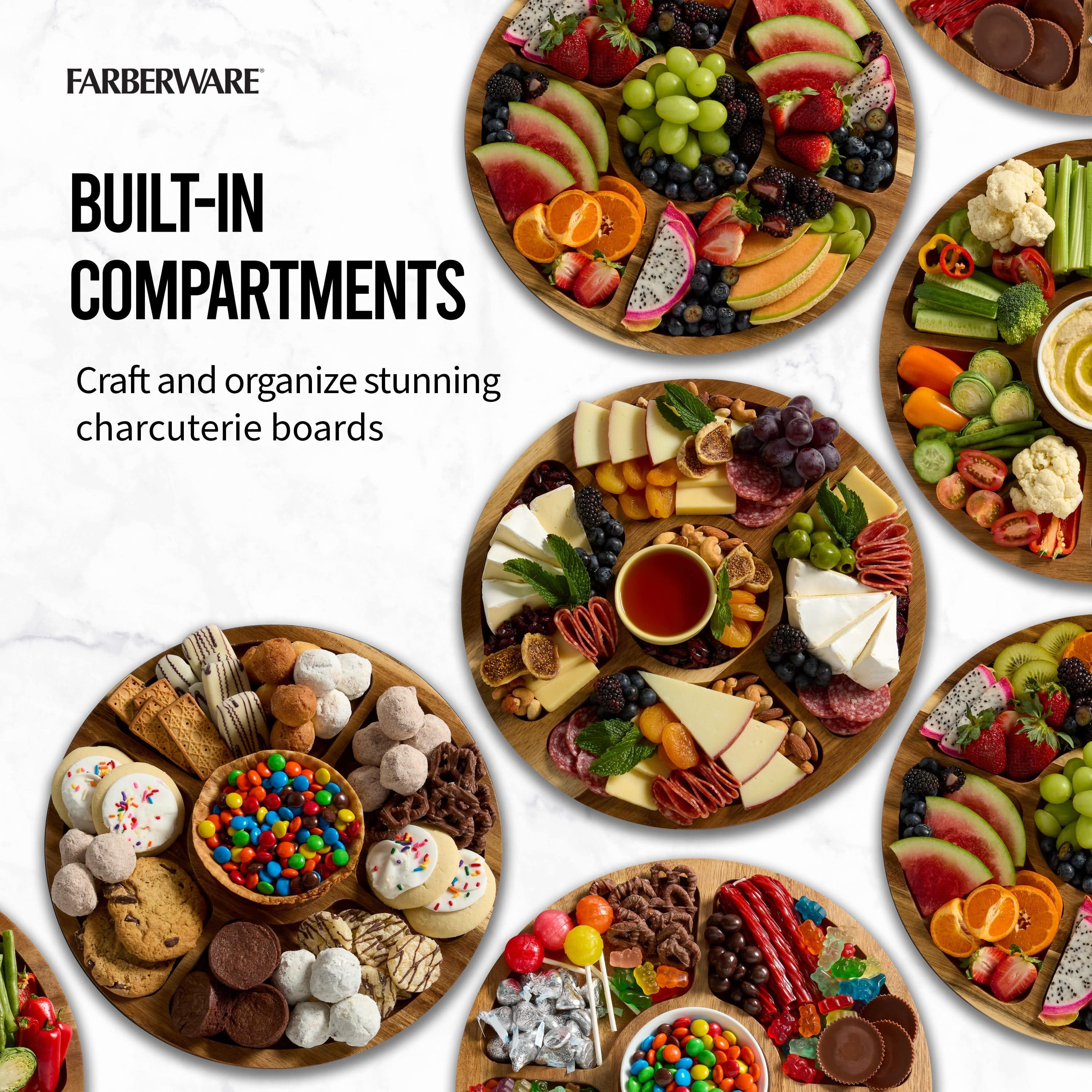 Versatile Culinary Board with clear lid showing arranged cheeses and fruits