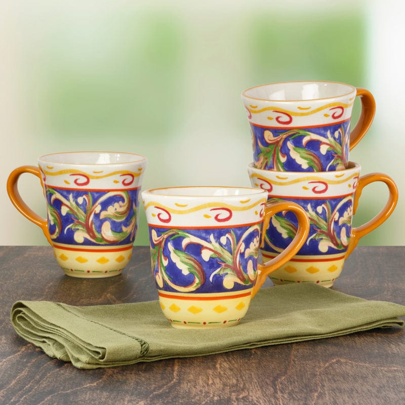 Close-up of stoneware coffee mugs with coffee inside, perfect for home use