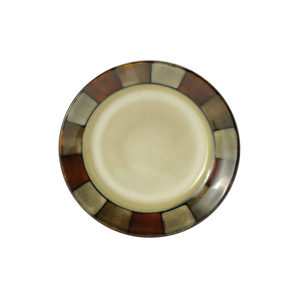 Close-up of khaki and clay dinner plates showing the reactive glaze finish