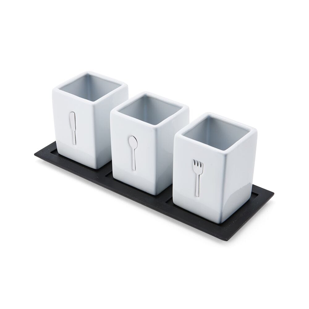 Close-up of dishwasher safe silverware caddy with wood tray