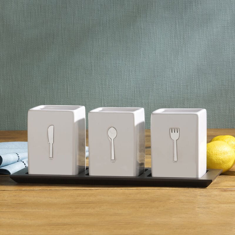 Flatware holder and large wooden tray for elegant tableware storage