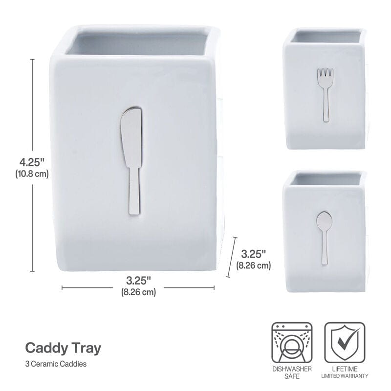 Ceramic flatware caddy set on wooden tray for organized dining