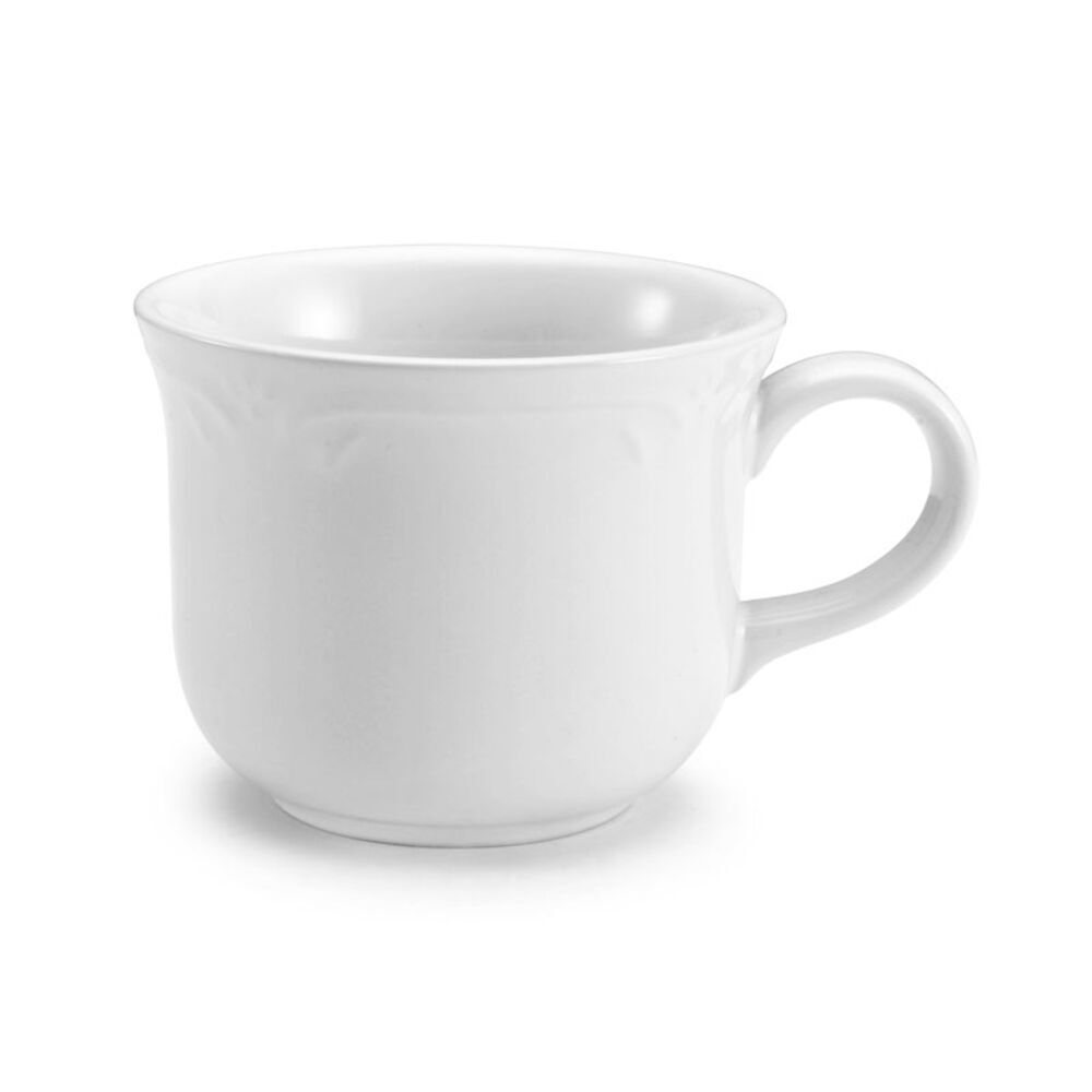 Affordable stoneware tea cup set displayed alongside fresh pastries.