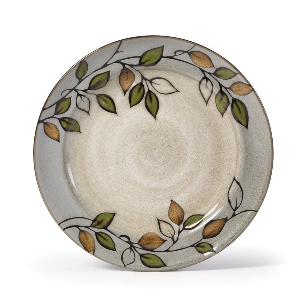 Close-up of reactive glaze finish on Rustic Leaves stoneware dinnerware