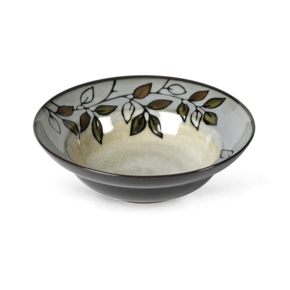 Close-up of rustic leaves stoneware soup bowl with reactive glaze finish