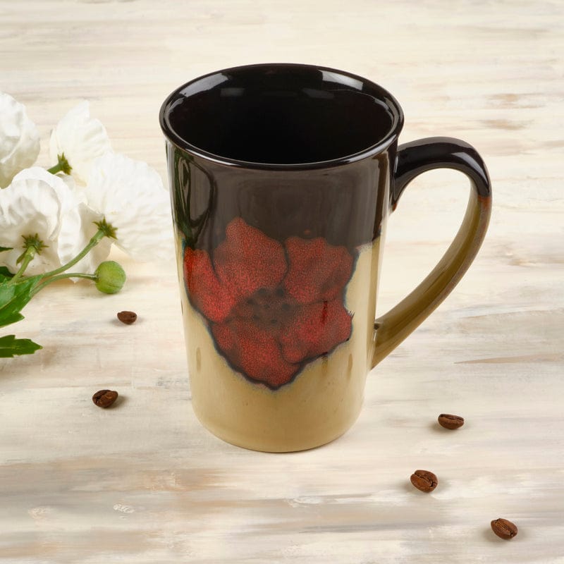 Elegant Poppies Stoneware Latte Mug against a kitchen backdrop, perfect for coffee lovers.