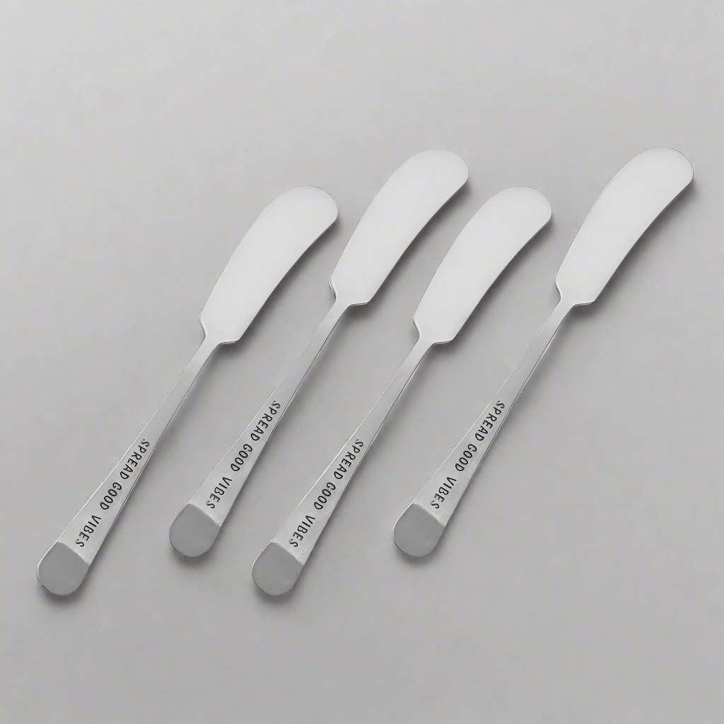 Close-up of Vibrant Vibes cheese spreaders showcasing the stamped handle.