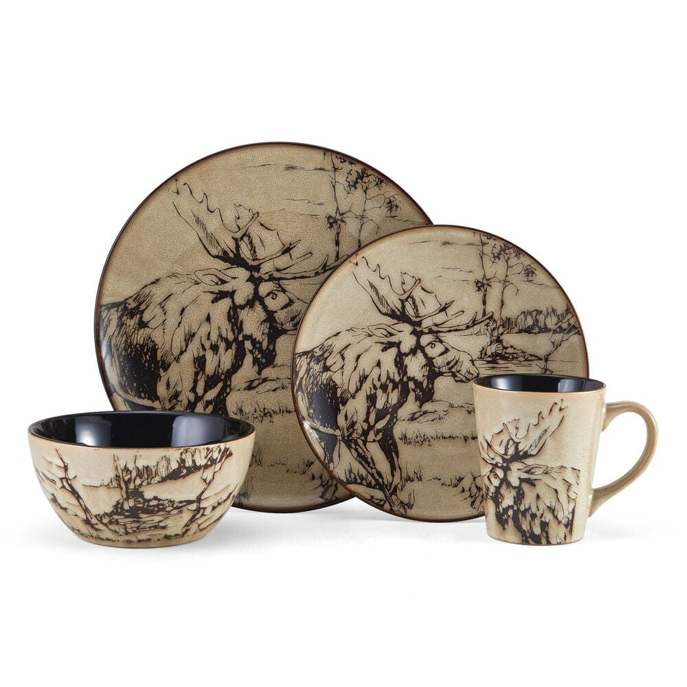 Nature-inspired animal print dinnerware set showcasing bear, moose, duck, and deer designs.