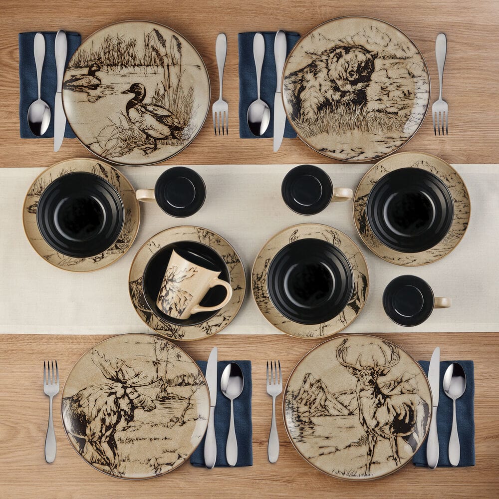Nature-inspired animal print dinnerware set showcasing bear, moose, duck, and deer designs.