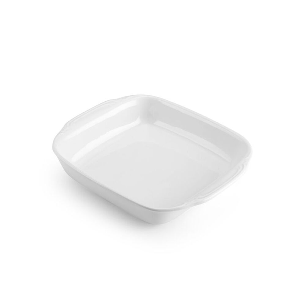 Versatile square stoneware baker displayed with various baked dishes, perfect for gatherings.