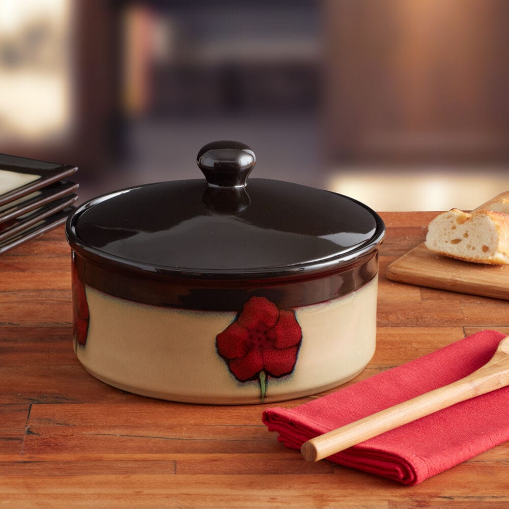 Angle view of the Reactive Glaze Covered Casserole Dish showcasing its unique design.