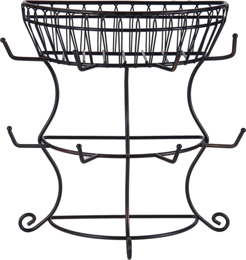 Mug tree with storage basket in a modern kitchen setting