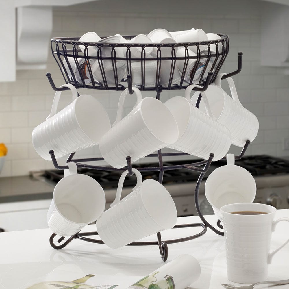 Rustic mug tree with basket and hooks for kitchen storage