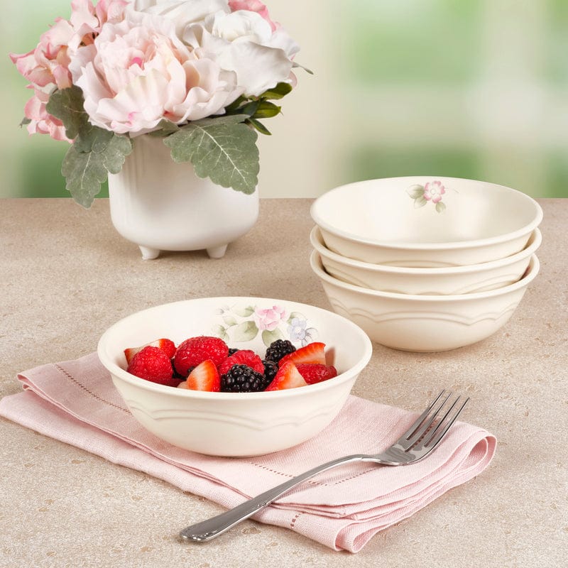 Elegant set of 4 stoneware soup and cereal bowls with Tea Rose pattern, ideal for daily use