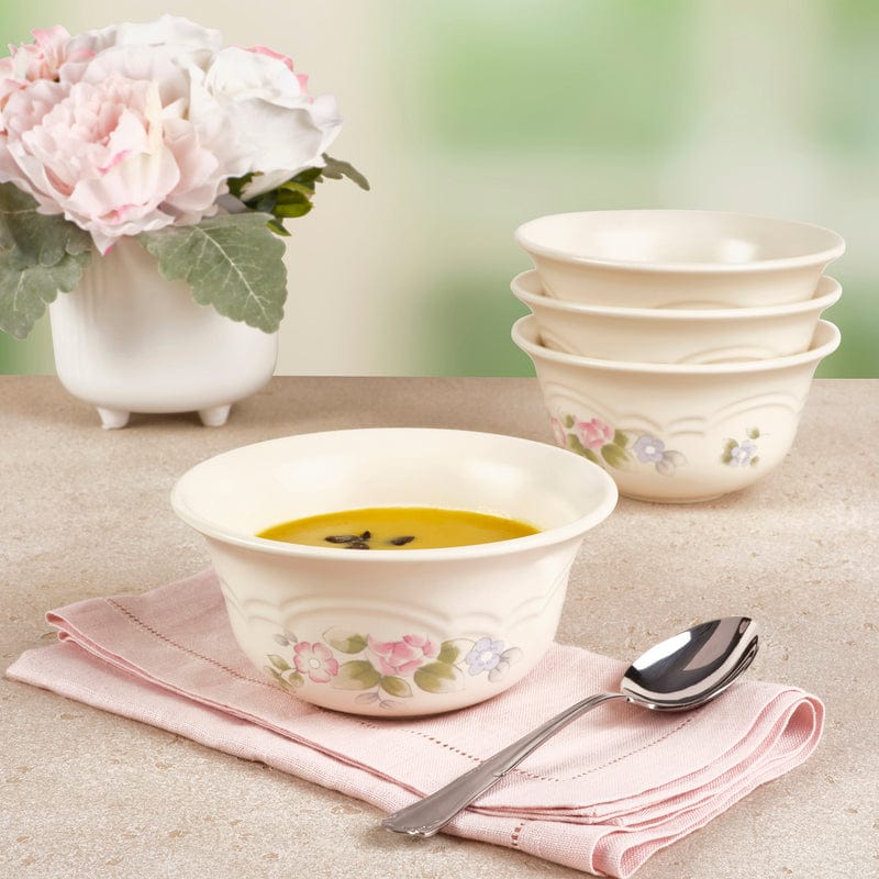 Elegant stoneware deep soup bowl set with a floral design, perfect for serving soups and cereals.