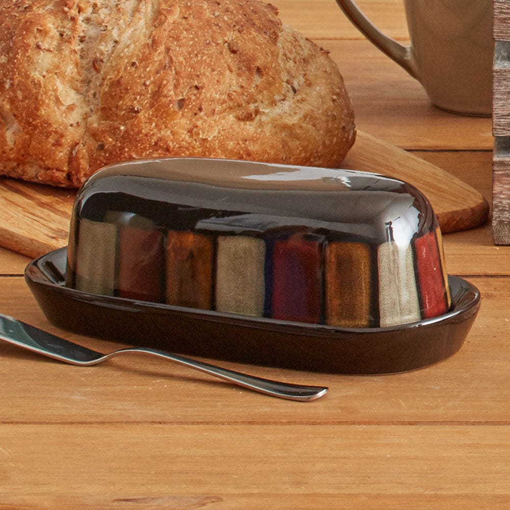 Side view of the Taos stoneware covered butter dish with lid and reactive glaze finish