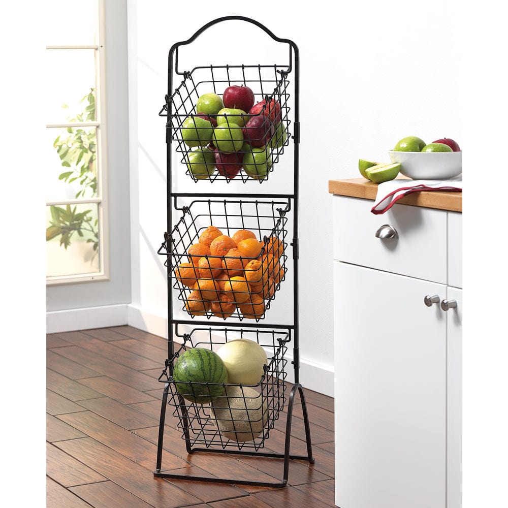 Side view showcasing depth and structure of the tiered organizer in a farmhouse-style kitchen