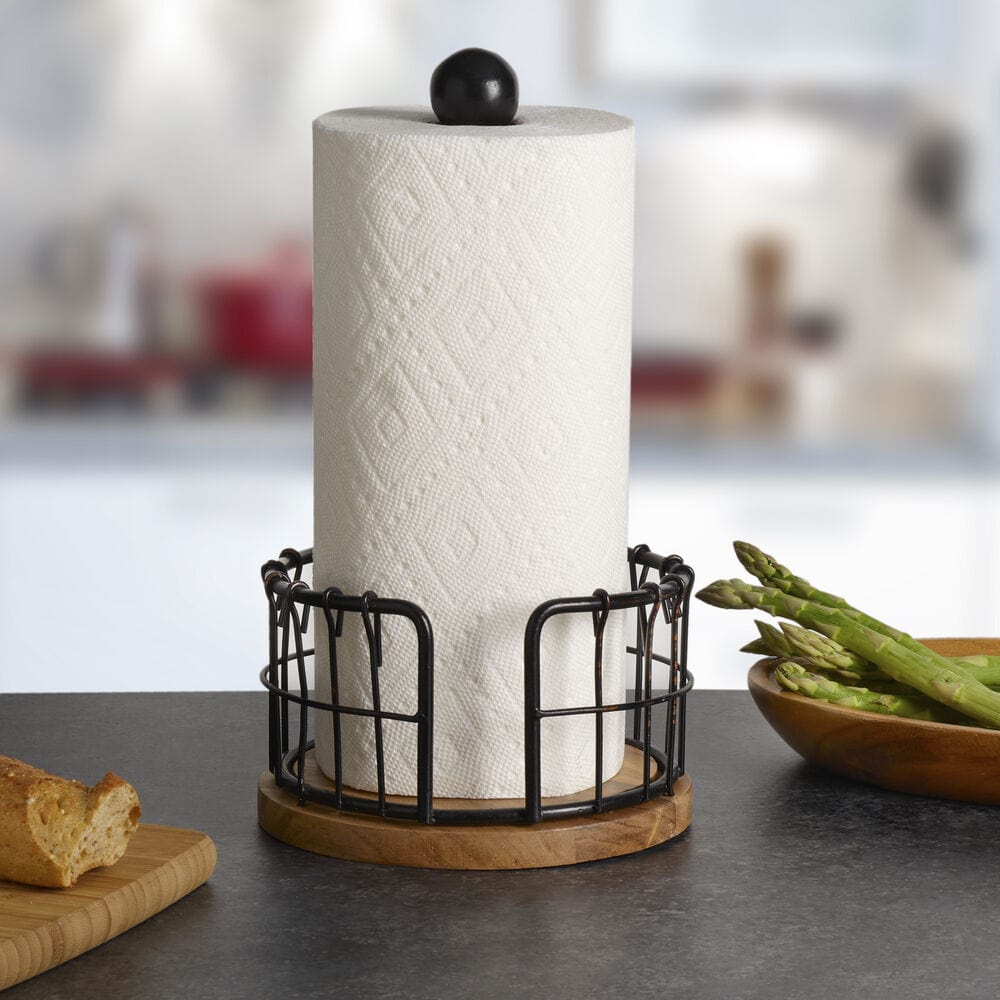 Close-up of top rated paper towel holder with wood base