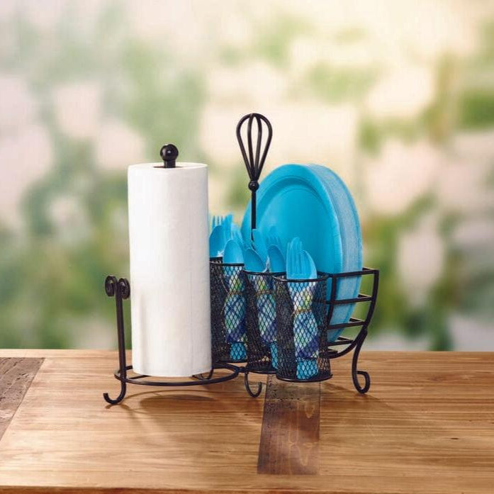 Elegant outdoor picnic caddy showcasing flatware and plate compartments, perfect for outdoor parties.