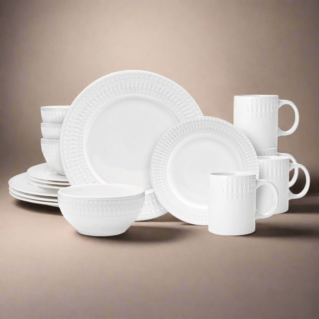 Elegant porcelain dinnerware set displayed on a dining table, showcasing its sophisticated design.