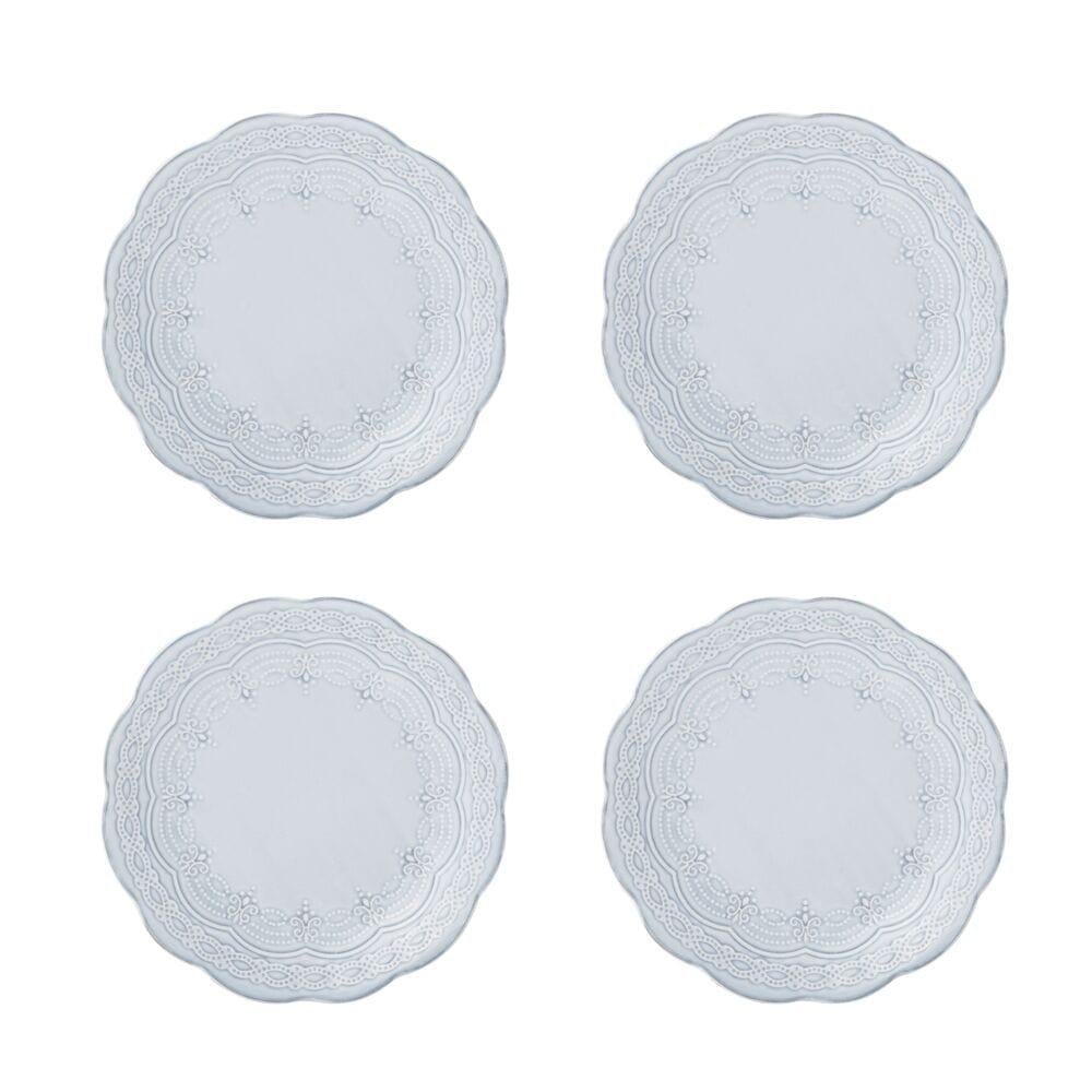 Close-up of scalloped blue dinner plate from the stoneware dinnerware set
