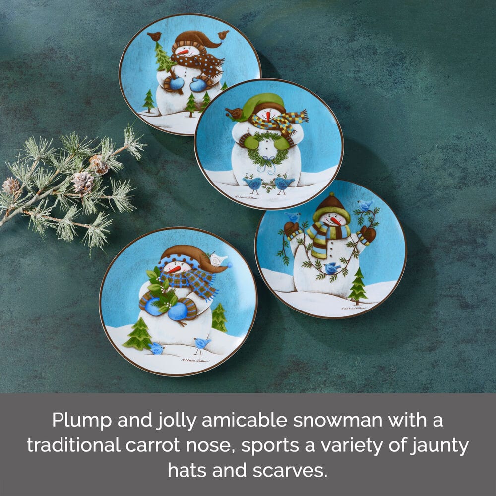 Close-up of cheerful snowman design on porcelain salad plate for winter décor