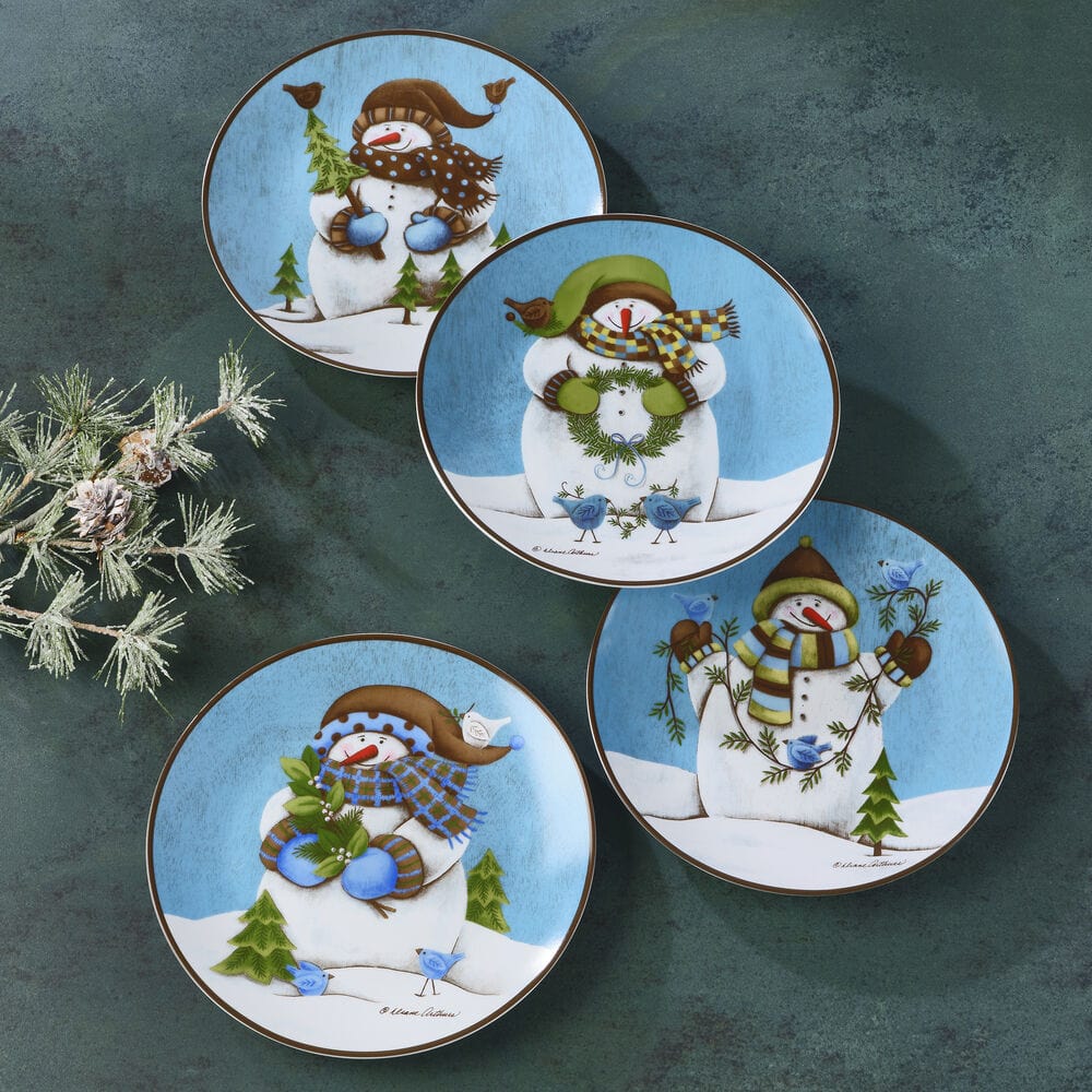 Close-up of cheerful snowman design on porcelain salad plate for winter décor