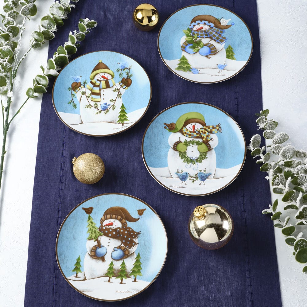 Close-up of cheerful snowman design on porcelain salad plate for winter décor