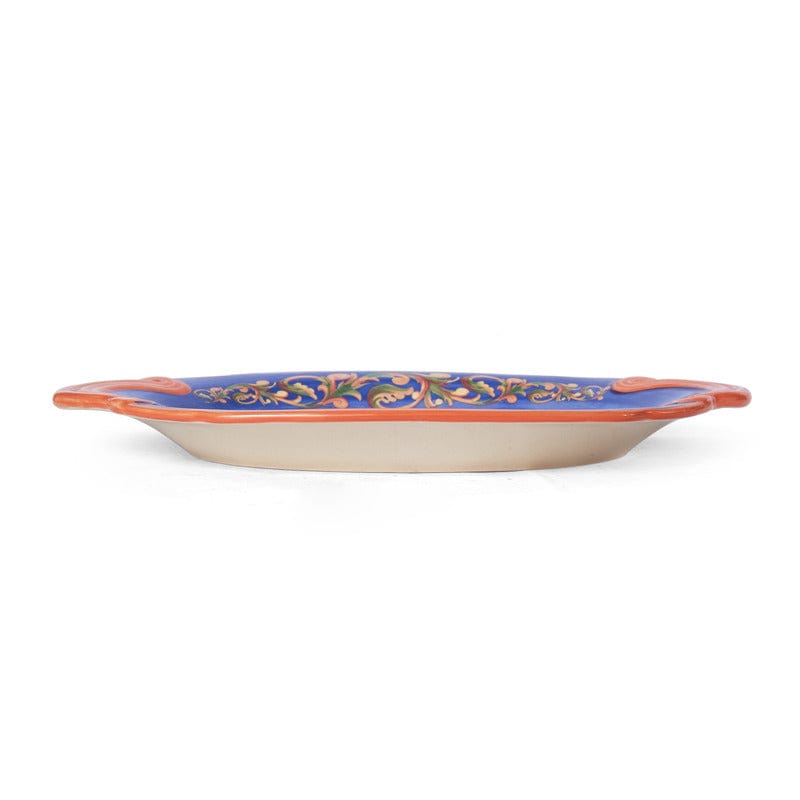 Top view of the Villa della Luna small platter highlighting embossed handles and design
