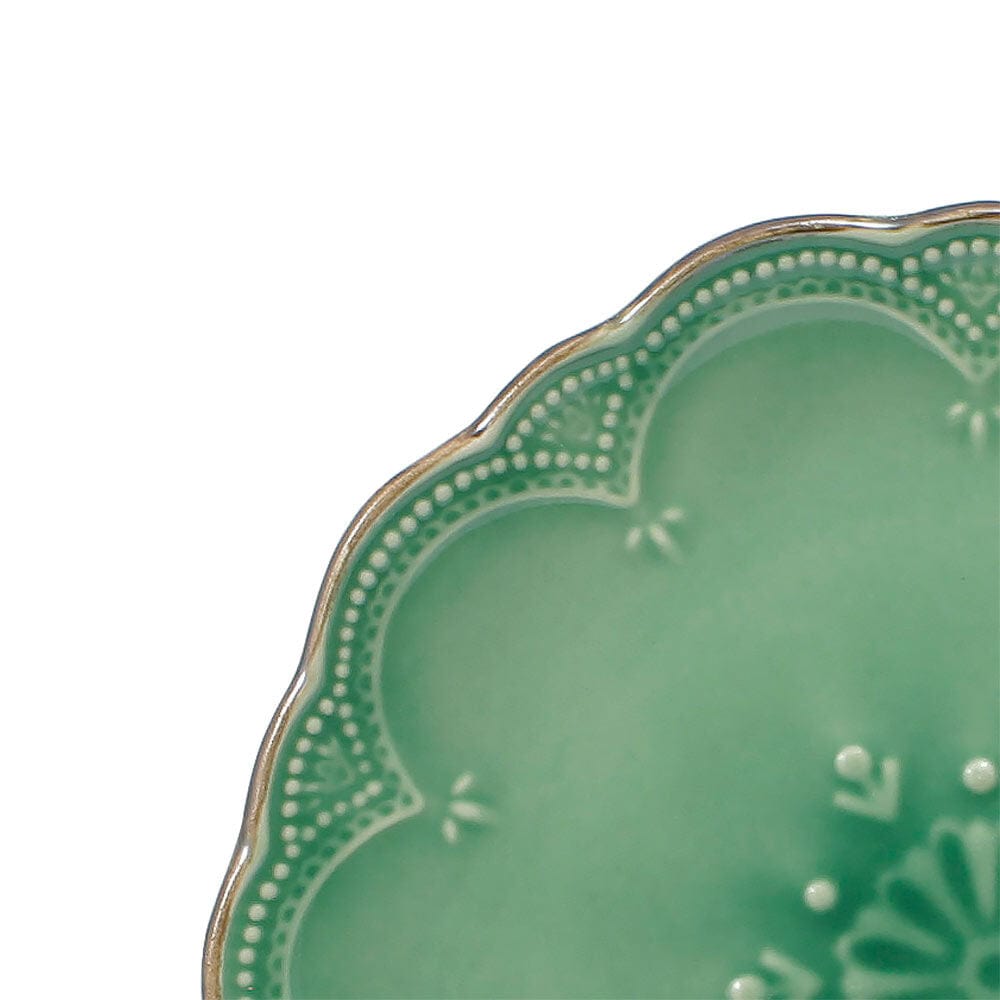 Elegant green stoneware salad plate angled view - perfect for salads and snacks.